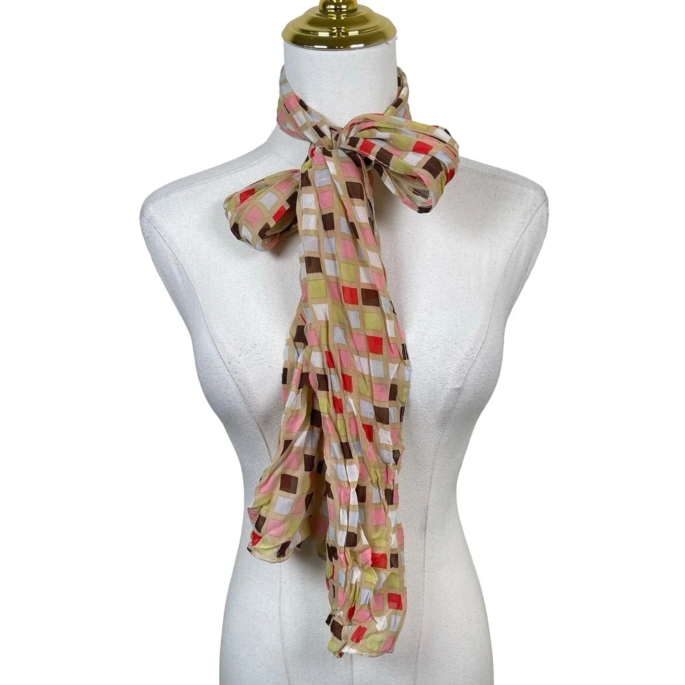 Vintage Geometric Checkered Scarf Women Multicolor Pastel Plaid Y2K Boho Chic